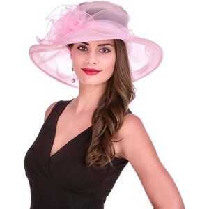 Pink Derby Hat Wide Brim Church Kentucky Removable‎ Flower Adjustable Mesh-NWT